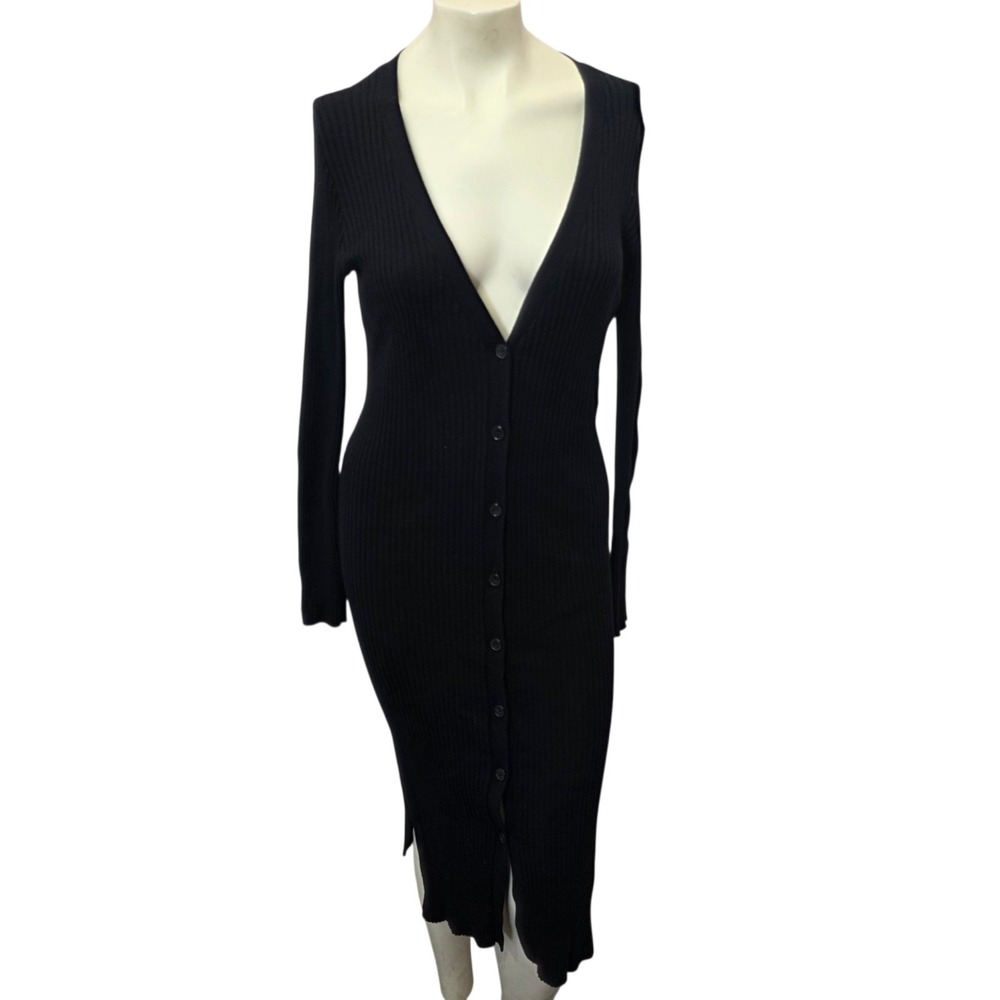 Forever 21 Black Rib Knit Midi Dress M Button Front Long Sleeve Bodycon Stretch